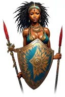 African warrior, female, beautiful curvy with shield and spear  tattoo design idea