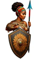 African warrior, female, beautiful curvy with shield and spear  tattoo design idea