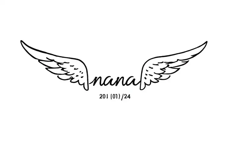 simple wings with the name nana in it with the date 20/10/24 under it tattoo design idea