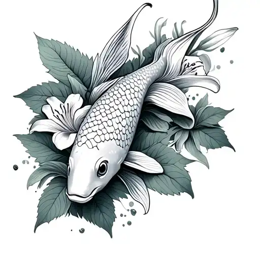 A Koi fish surrounded by mint leaves and tiger lilies tattoo design idea