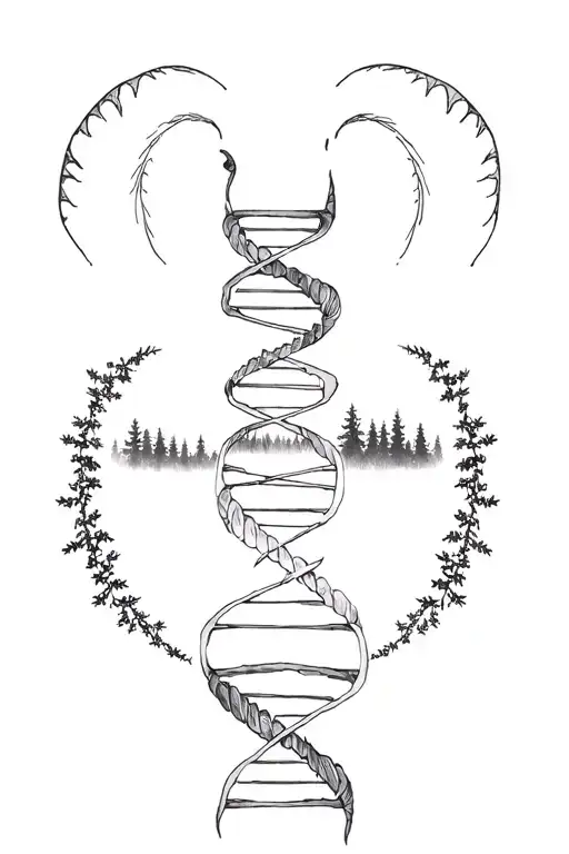 double Helix DNA structure and Capricorn zodiac sign and a forest as the background the background tattoo design idea