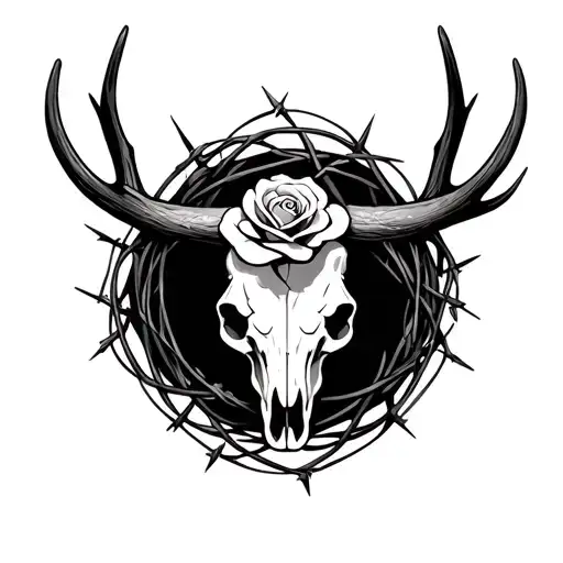 bull skull one small rose center forehead with barbed wire wrapped around antlers  tattoo design idea