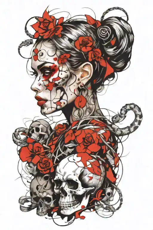 skull snake girl side profile tattoo design idea
