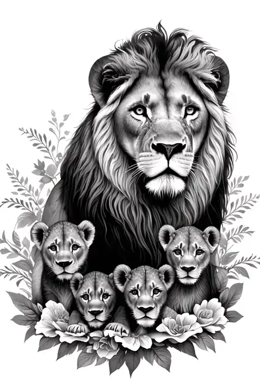 full sleeve, feminine, mom lion with 4 cubs, mandala style filler with some floral filler, fine lines tattoo design idea