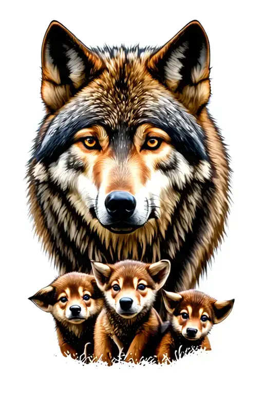 father wolf looking over his 4 pups, woods scenery with elk or moose in background tattoo design idea
