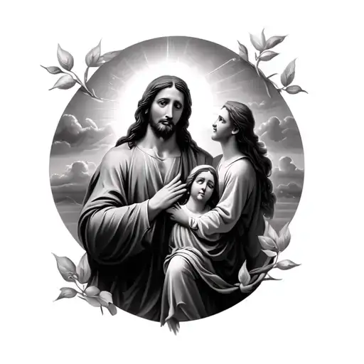 A powerful image of Jesus blessing a family, symbolizing the client's faith and love for their loved ones tattoo design idea