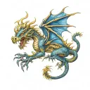 I would like to create a tattoo design around my arm from wrist to elbow. It should be a dragon, blue. tattoo design idea