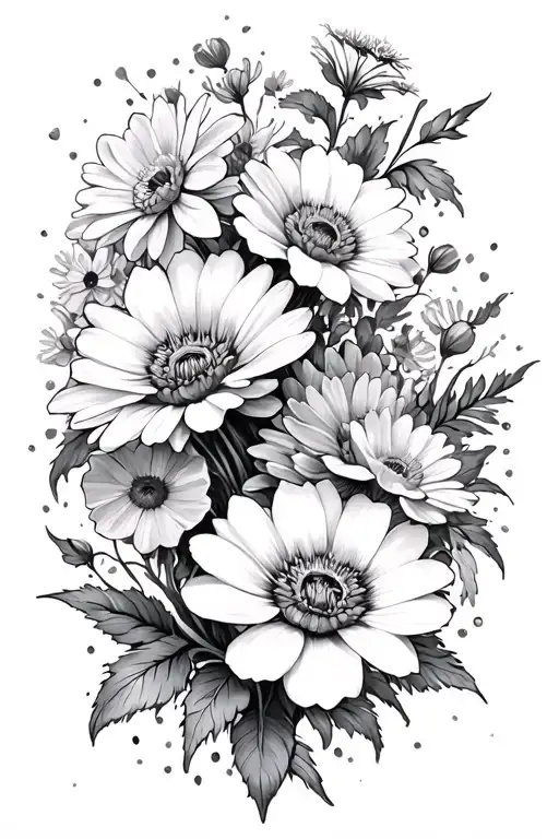 tattoo of daisy, rose, waterlily, poppy, aster, narcissus flowers bouquet  tattoo design idea