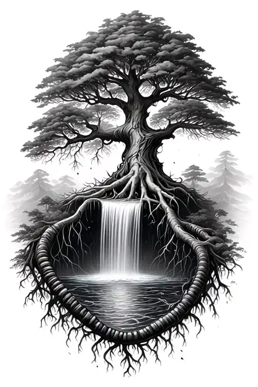 can you make me a tree with roots going into dna that has water flowing from strand to strand like a waterfall  tattoo design idea
