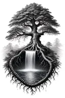 can you make me a tree with roots going into dna that has water flowing from strand to strand like a waterfall  tattoo design idea