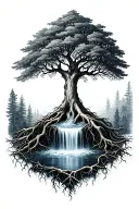 can you make me a tree with roots going into dna that has water flowing from strand to strand like a waterfall  tattoo design idea