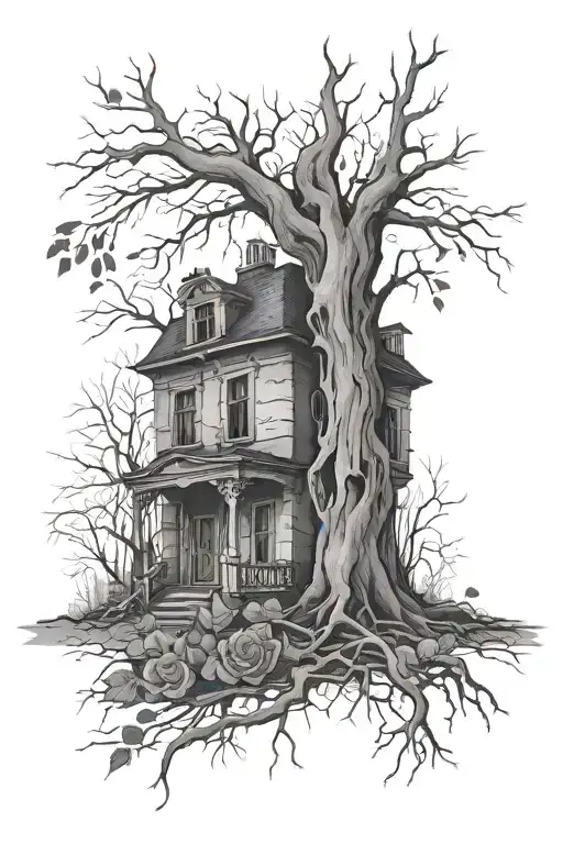 Abandoned Stalin-era house, roses, tree roots tattoo design idea