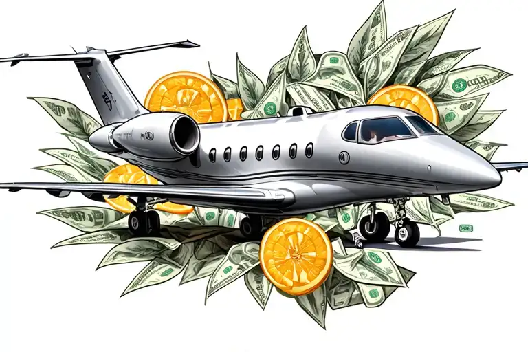 a mix of money and private jet, rich life tatto tattoo design idea