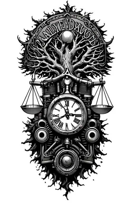 gothic tree of life, harley davidson engine, midevil libra scale & time tattoo design idea