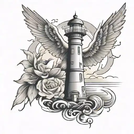 A meaningful tattoo of a lighthouse shining brightly with a dove flying above, representing peace and hope in memory of your brother's love for people and his resilience tattoo design idea