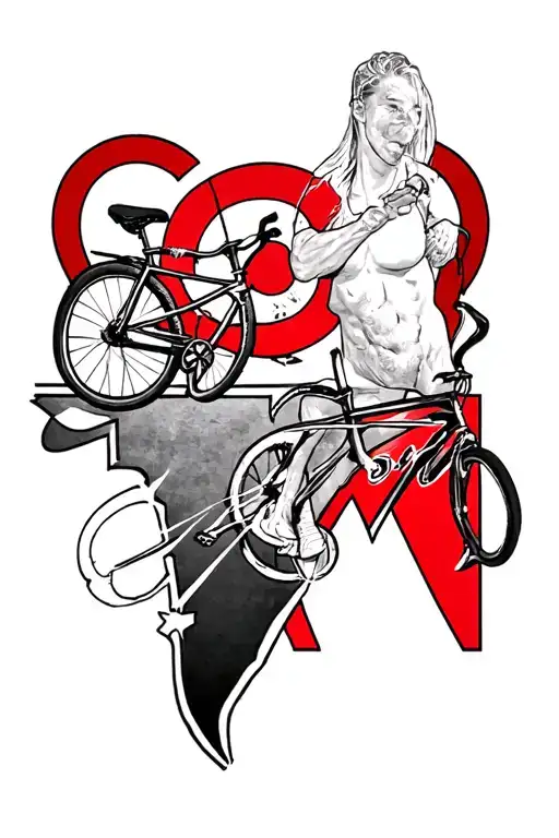An red M with a red circle above the middle M tattoo featuring the bike, run, and swim with a texas theme on my rib cage tattoo design idea