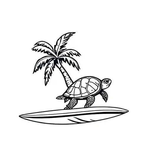 palm tree surf board and turtle tattoo design idea