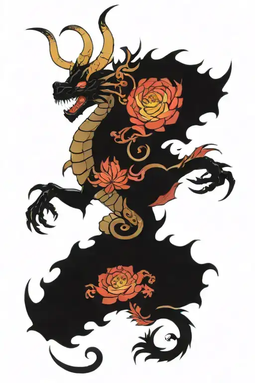 dragon ascending fighting angel, fractal, flower tattoo design idea