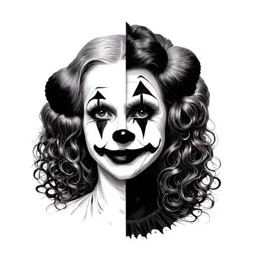 female clown with 3 faces merged together tattoo design idea