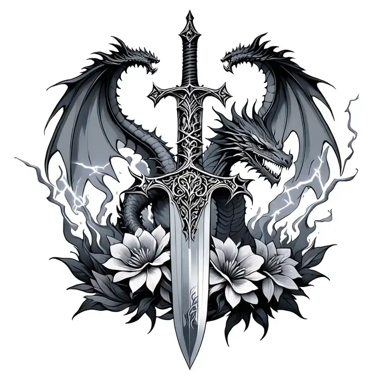 Gothic Sword dragon slayer with lightning and fire flowers tattoo design idea