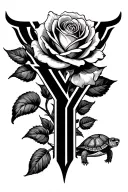 The letter Y, a rose on the left and a smaler turtle in the background on the right tattoo design idea