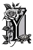 The letter Y, a rose on the left and a smaler turtle in the background on the right tattoo design idea
