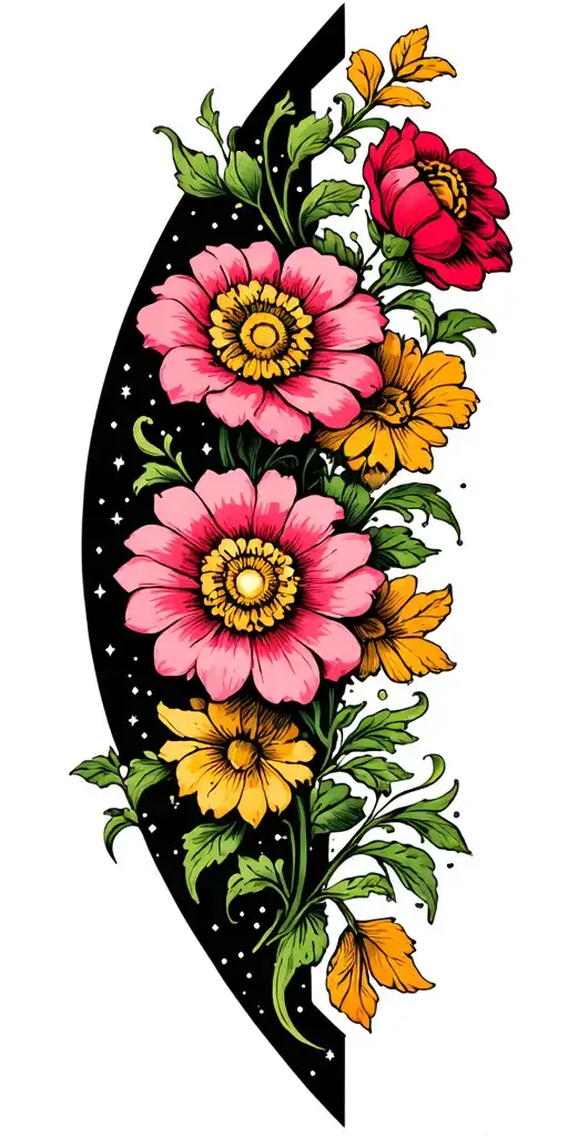 small traditional flowers surrounded by big black negative spaces embellished with contour micro sparkles and crosses  tattoo design idea