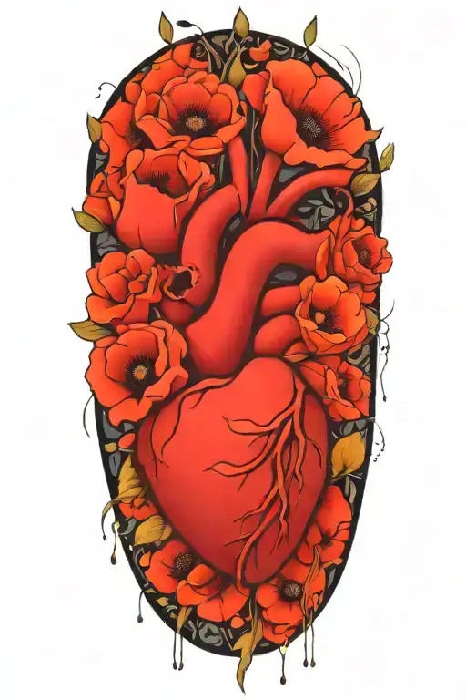 abstract design human heart, poppies, anemones, music, love tattoo design idea