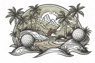 A golf ball rolling down a mountain path lined with palm trees tattoo design idea