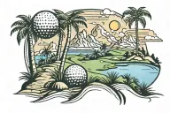 A golf ball rolling down a mountain path lined with palm trees tattoo design idea