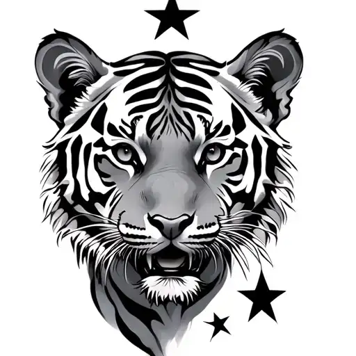 sagittarius star sign in background and tiger cub playing tattoo design idea