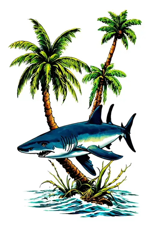 shark and palm tree tattoo design idea