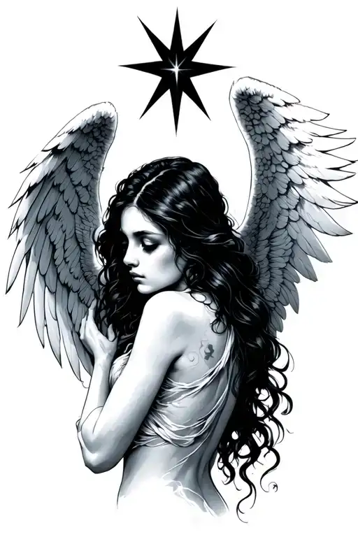 Angel woman captivating beauty melancholic hidden face stretching her arm towards a four-spike star at the top of the back tattoo design idea
