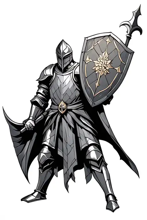 stained glass knight holding a shield black and grey tattoo design idea