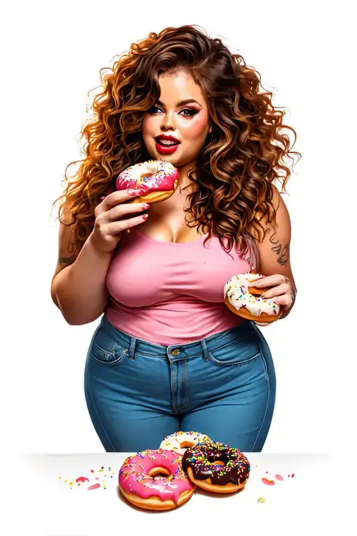 young plus size caucasian model eating donuts tattoo design idea