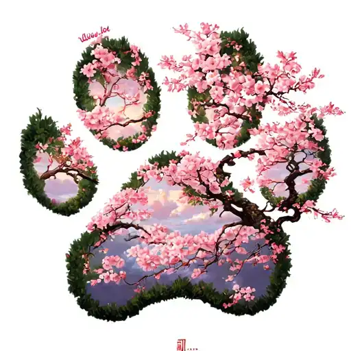 dog paw print blended with a Sakura tree bonsia with Chinese lettering that says always loved never forgotten  tattoo design idea