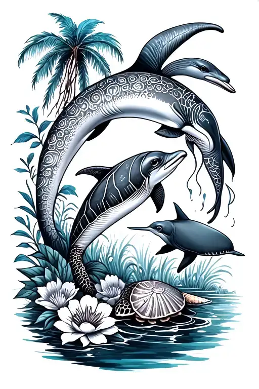 dolphin, turtle, jellyfish, manta ray, palm tree, shells, flowers and water tattoo design idea