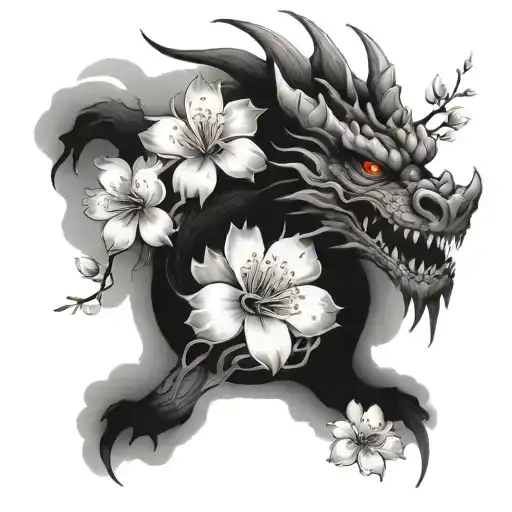 white background, tattoo design, black gray gradient, realistic fece dragon head, Japanese cherry blossom, tattoo design idea
