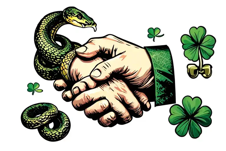 a handshake where one is a snake the other is a hand with a four leaf clover cuff link tattoo design idea