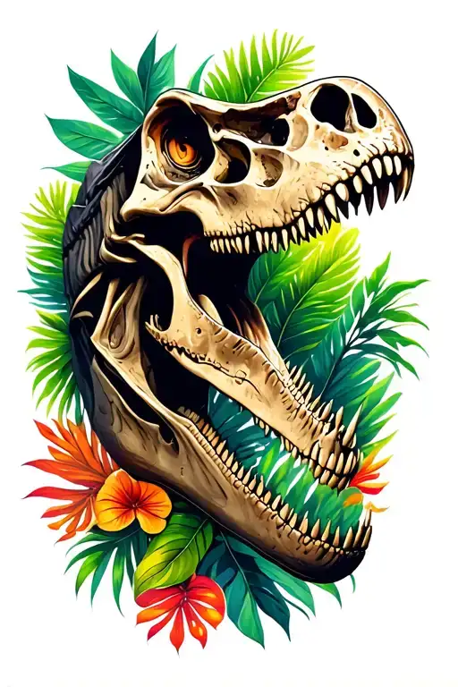 tyrannosaurus rex skull head side profile with tropical colourful foliage  tattoo design idea
