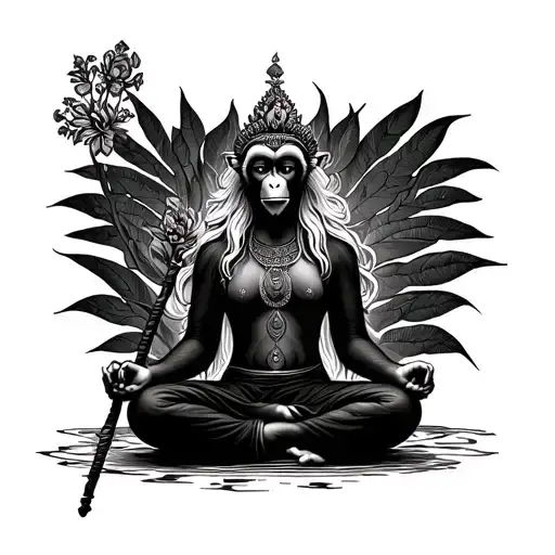 The queen of monkeys, green-eyed, slender, dark blond hair sitting in a lotus pose with a staff in his hand tattoo design idea