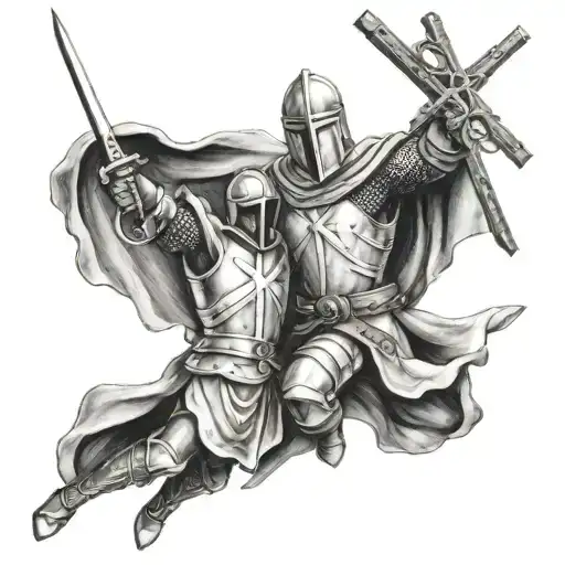 Give me a photo of Templar knight with cross in hand and JesusChrist helping him in battle against the world from heaven tattoo design idea