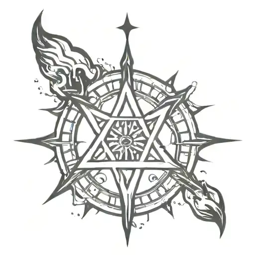 Wagon wheel compass on fire on top dripping teardrops off the bottom ,Surrounded be 2 stars of David  tattoo design idea