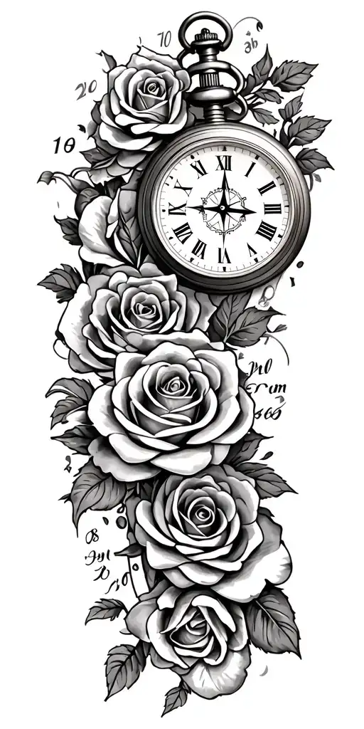 pocket watch, roses, compass, with 3 grandchildren birth dates and time tattoo design idea