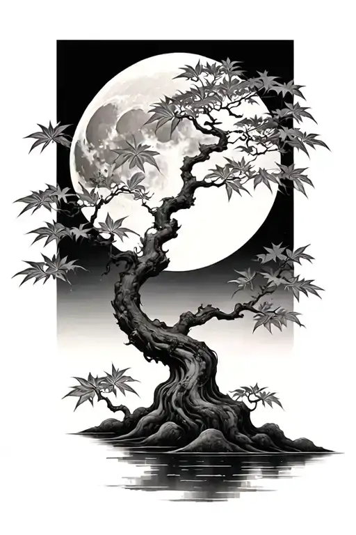 Japanese maple tree with leaves moon tattoo design idea