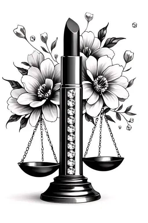 rhinestone tube of lipstick as a balancing scale with cosmo flowers around it tattoo design idea