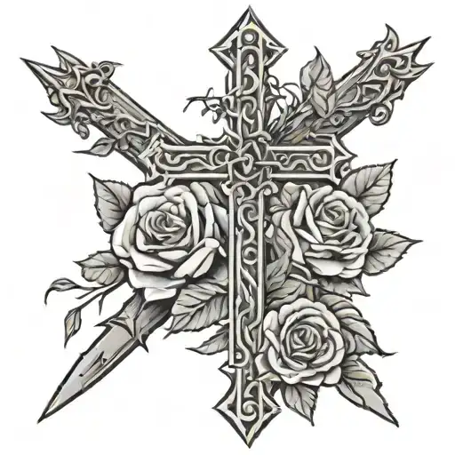 cross with thorns around it and roses in the background faded with clouds tattoo design idea
