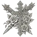 cross with thorns around it and roses in the background faded with clouds tattoo design idea
