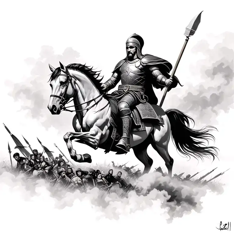 a spartan warrior which you can't see the face of, riding a horse across a battle field with a smoky background tattoo design idea