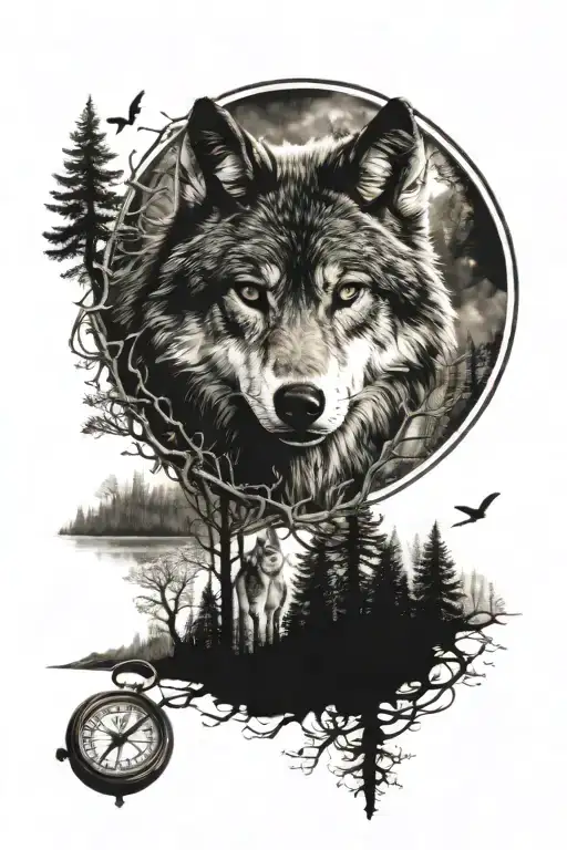 wolf forest landscape compass  warrior tattoo design idea